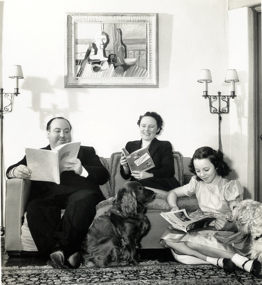 Alfred Hitchcock and Alma Reville at home in Los Angeles with their daughter Patricia and a Picasso