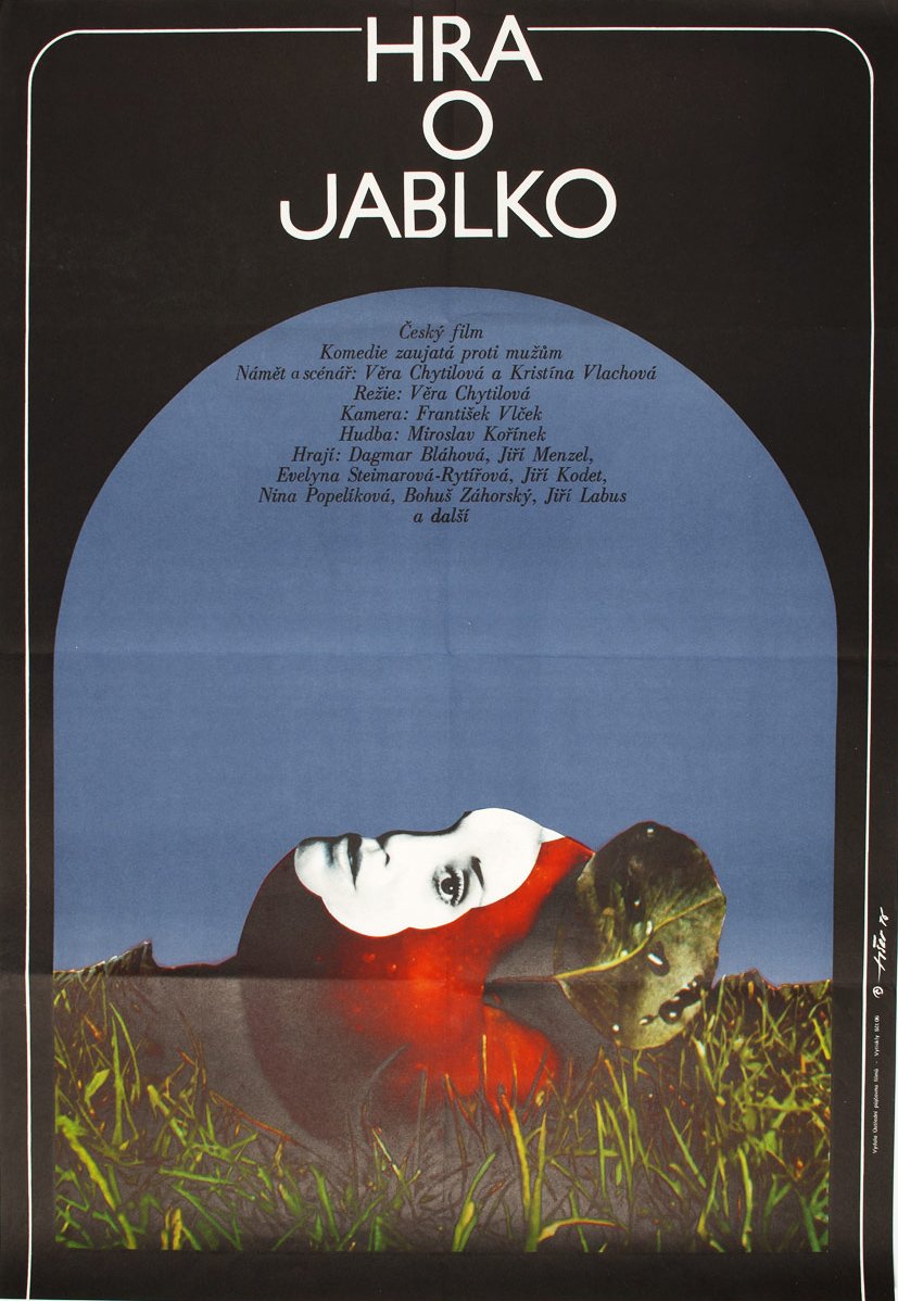 A design for The Apple Game (Hra o jablko, 1976): the first poster Jaroslav Fiser designed for Chytilov&amp;aacute;, for the first film she made after being banned from filmmaking for several years.