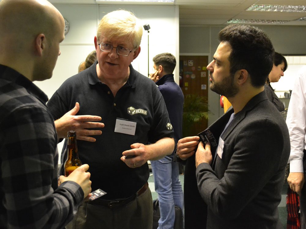 (L-R) Neil McPhillips (Channel), Keith Martin-Smith (Hexwar) and Naysun Alae-Carew (Blazing Griffin) chat at the networking drinks.
