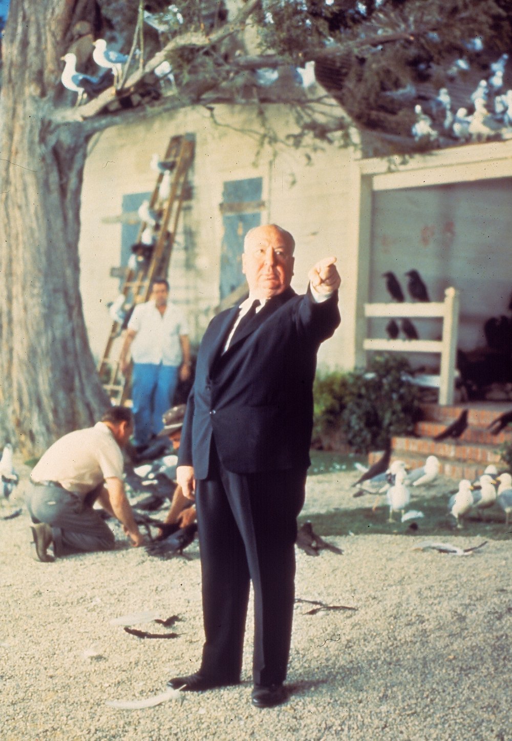 Alfred Hitchcock on the set of The Birds (1963)