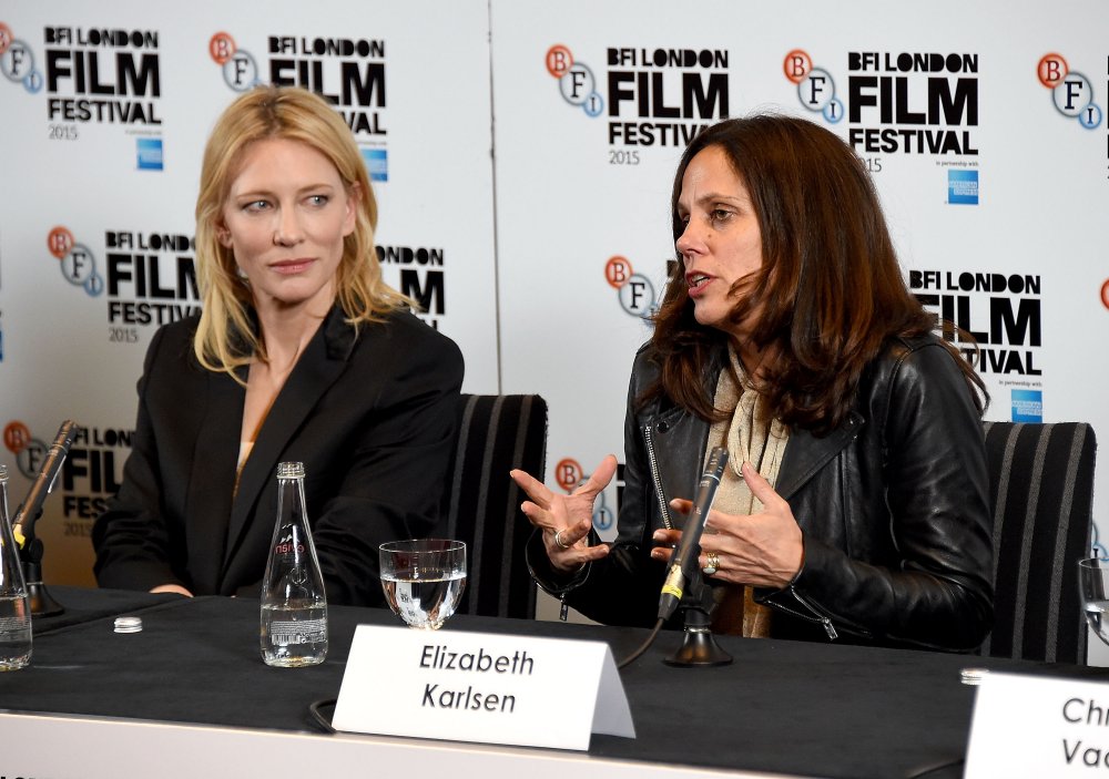 Cate Blanchett and producer Elizabeth Karlsen at the London Film Festival press conference for Carol (2015)