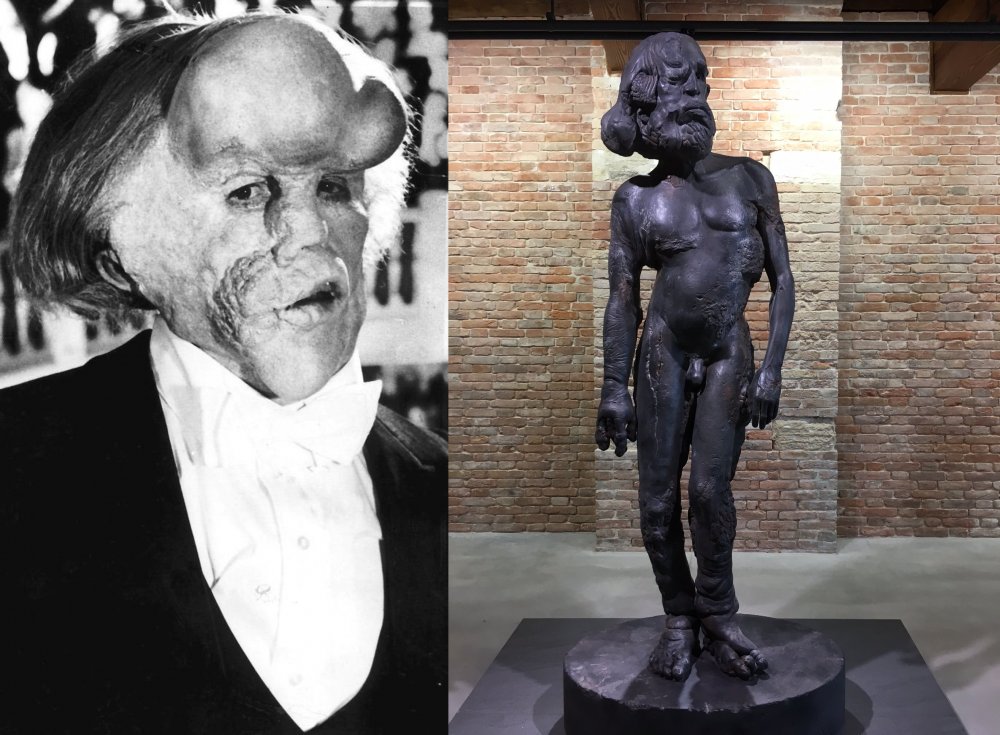 John Hurt as The Elephant Man (1980); a sculpture from Treasures from the Wreck of the Unbelievable (2017)