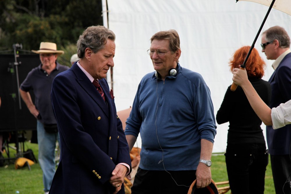 Fred Schepisi directing Geoffrey Rush on the set of The Eye of the Storm