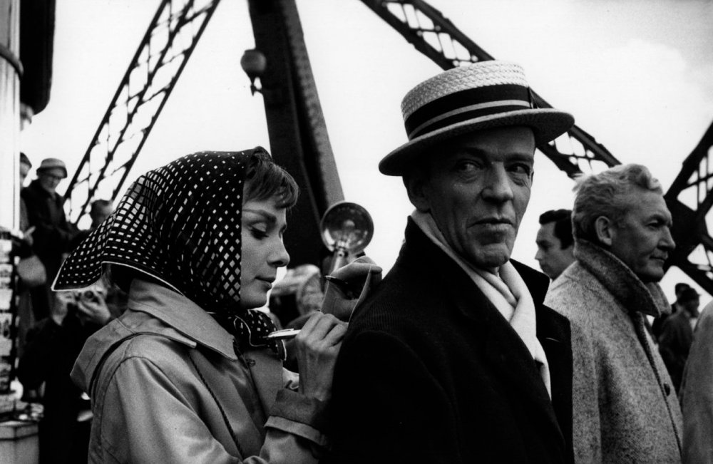 Hepburn and Astaire on location at the Eiffel Tower