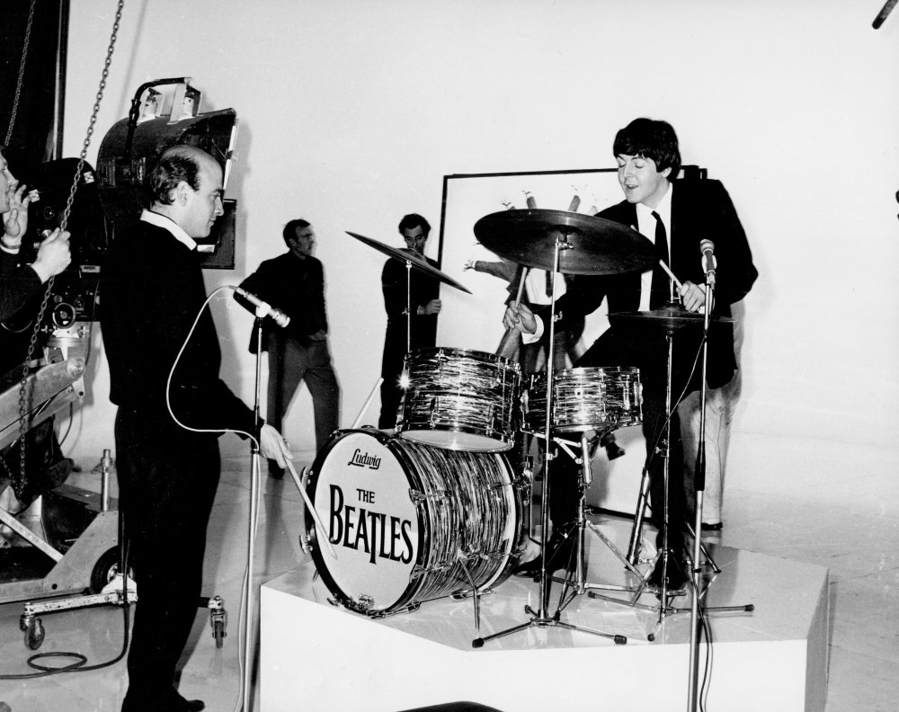 Richard Lester and Paul McCartney on the set of A Hard Day&amp;#8217;s Night. Director and star play on Ringo&amp;rsquo;s drums. Lester is himself a talented musician