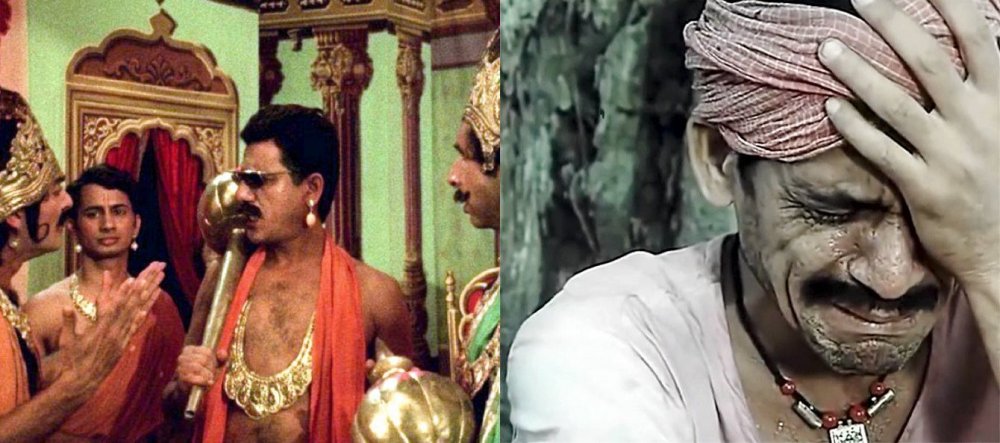 Left: as Ahuja in Jaane Bhi Do Yaaro (1983); right: as Dukhi Chamar in Sadgati (1988)