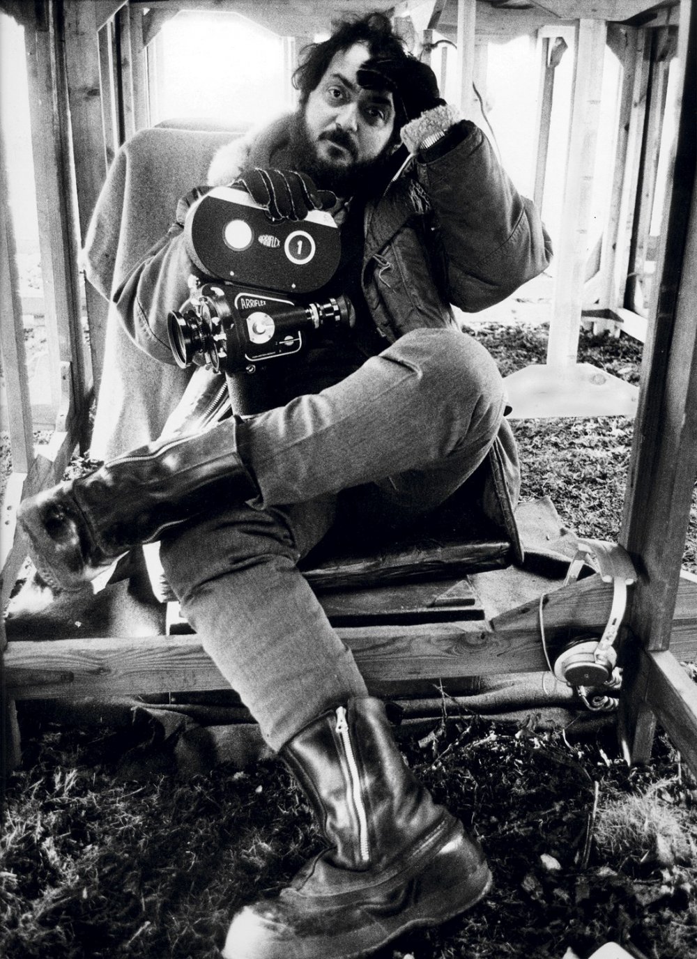 Stanley Kubrick, photographed by Dmitri Kasterine in 1970 on the set of A Clockwork Orange.