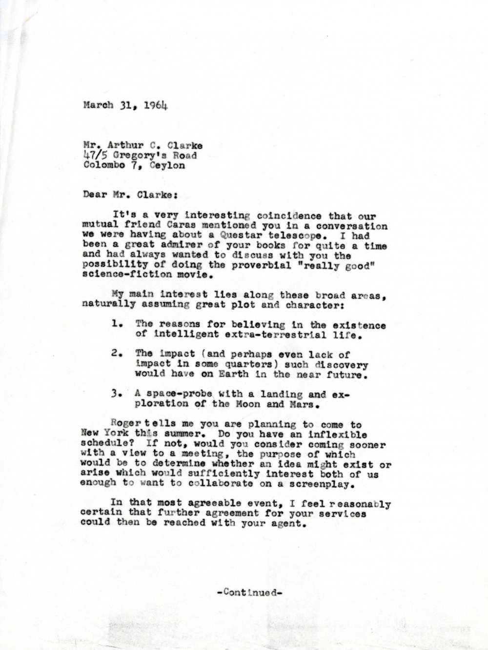 Letter from Stanley Kubrick to Arthur C. Clarke