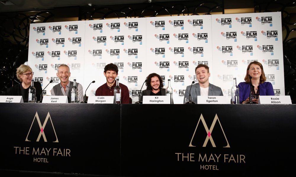 Director James Kent, actors Colin Morgan, Kit Harington, Taron Egerton and producer Rosie Alison attend the press conference for Testament of Youth during the 58th BFI London Film Festival