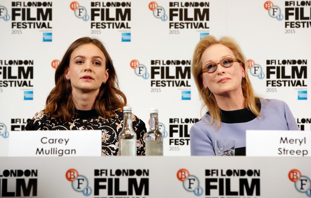 Carey Mulligan and Meryl Streep attend the Suffragette press conference during the BFI London Film Festival