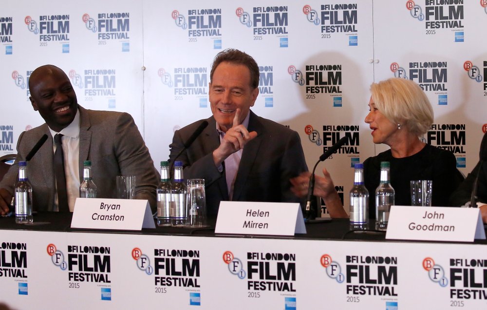 Actors Adewale Akinnuoye-Agbaje, Bryan Cranston and Helen Mirren attend the Trumbo press conference during the BFI London Film Festival