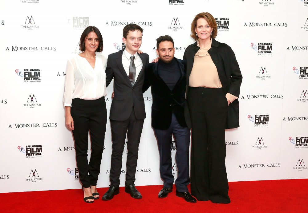 Belen Atienza, Lewis MacDougall, J.A. Bayona and Sigourney Weaver at the premiere of A Monster Calls