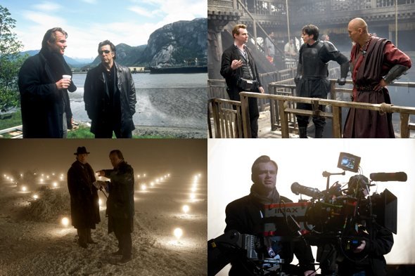 Christopher Nolan directing (clockwise from top left): Insomnia; Batman Begins; The Dark Knight Rises; The Prestige.
