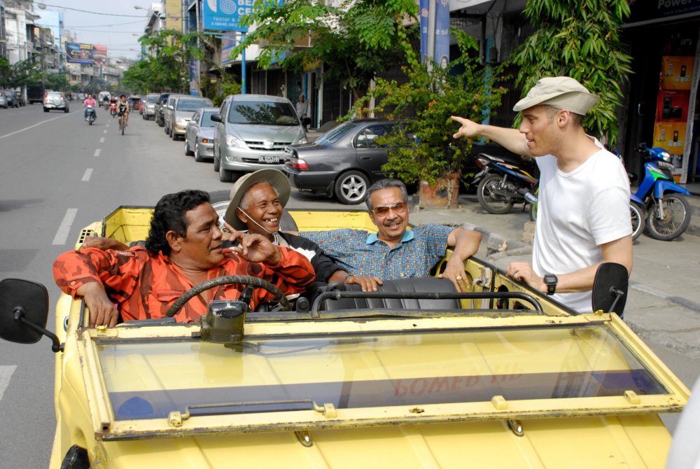 Ride with the devil: Joshua Oppenheimer directing Haji Anif, Anwar Congo and Adi Zulkadry on the streets of Medan, North Sumatra