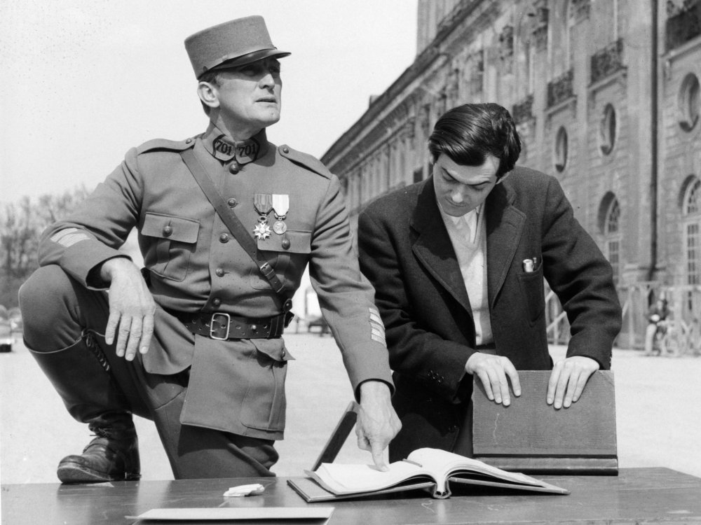 Kirk Douglas and Stanley Kubrick on location at Schleissheim Palace, Munich, Germany for Paths of Glory (1957)