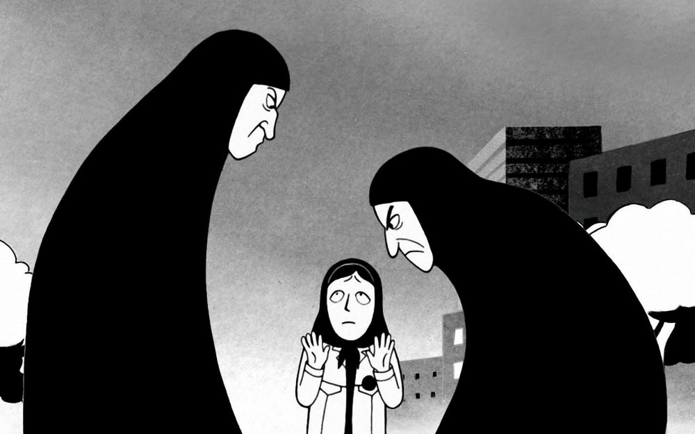 Marjane is being told off for wearing trainers and a punk jacket in Persepolis
