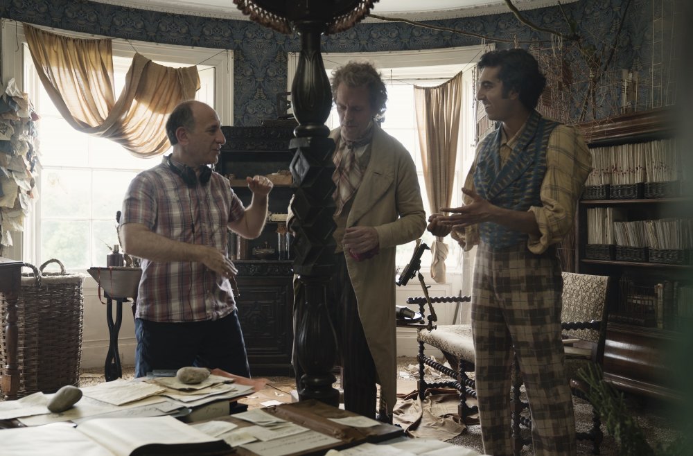 Armando Iannucci directing Hugh Laurie (playing Mr Dick) and Dev Patel as David Copperfield