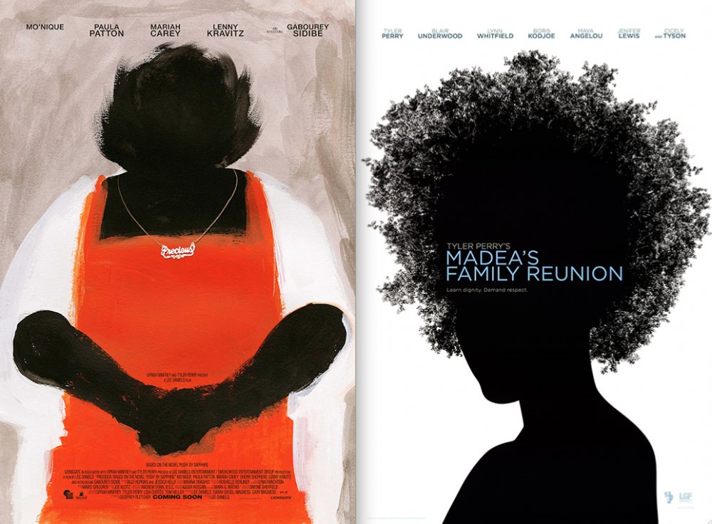 Posters for Lee Daniels’s Precious (2009), left, and Tyler Perry and Elvin Ross’s Madea’s Family Reunion (2006), right, both using bold silhouettes to draw attention to their black protagonists.