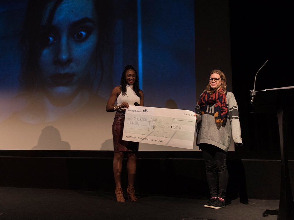 Emily Llewllyn picks up her Best UK Short (16-18 age category) award for You Know That Feeling from Remel London