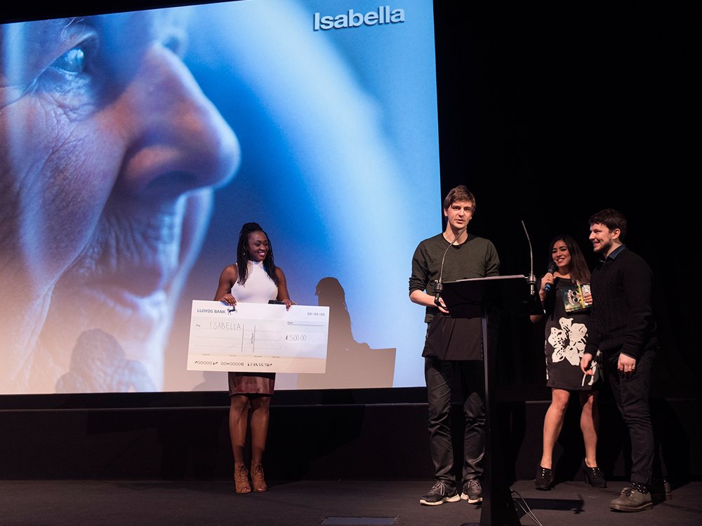 Isabella co-directors, Ross Hogg and Duncan Cowles, pick up their prizes from Rhianna Dhillon and Remel London at the 9th BFI Future Film Festival Awards