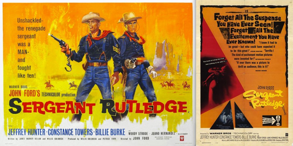 John Ford&#039;s Sergeant Rutledge (1960s) was the first big-budget western to feature a black hero. One of its American posters refelects that, another doesn&#039;t.