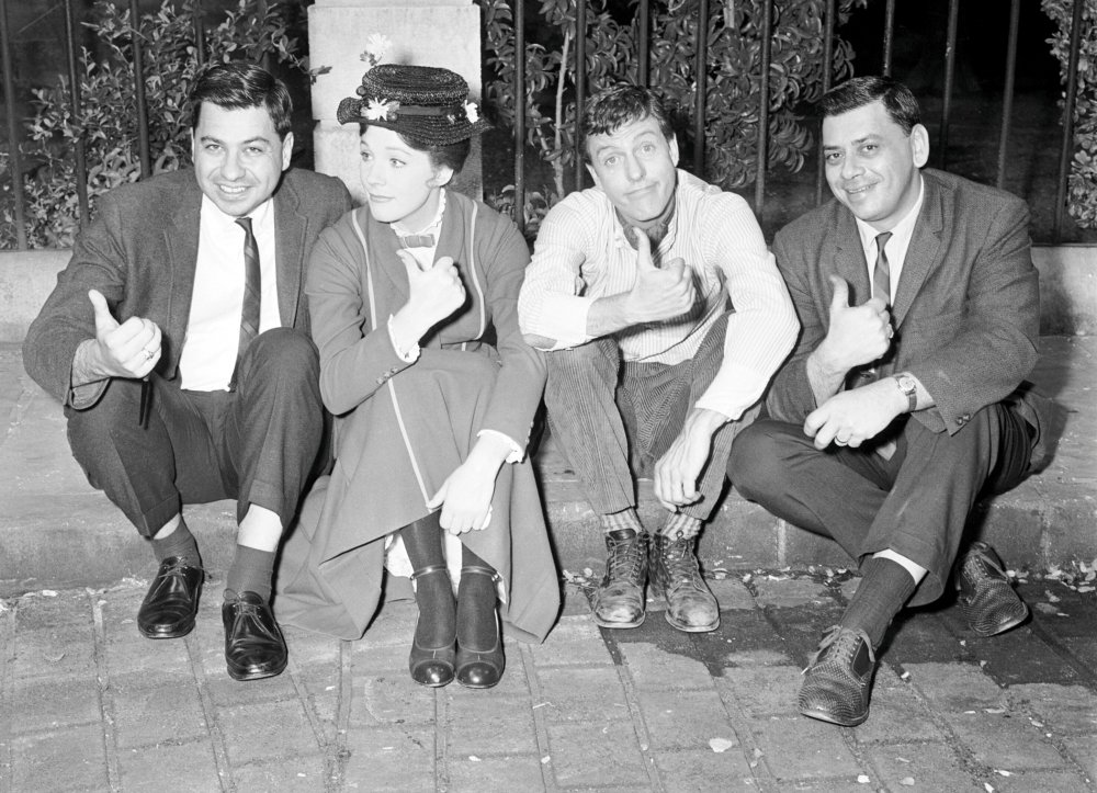 Robert Sherman, right, on the set of Mary Poppins with (from left) his brother Richard, Julie Andrews and Dick Van Dyke.