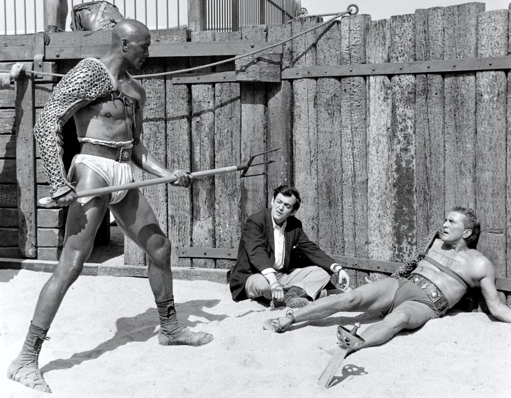 Director Stanley Kubrick with Woody Strode and Kirk Douglas filming Spartacus (1960)