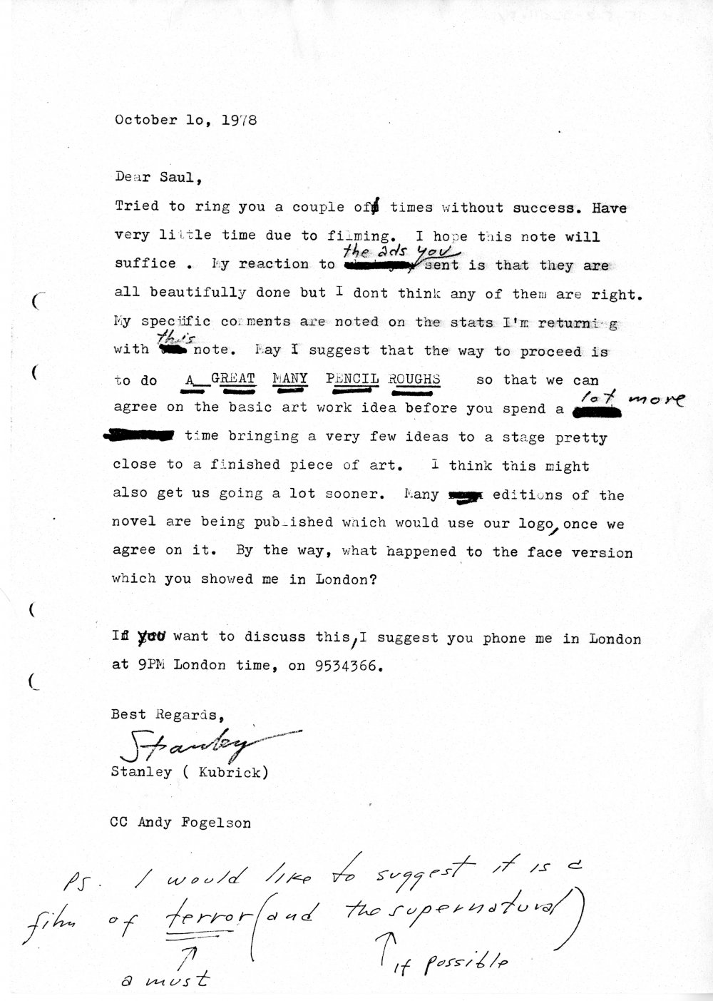 Stanley Kubrick letter to designer Saul Bass regarding his unused designs for The Shining (1980)