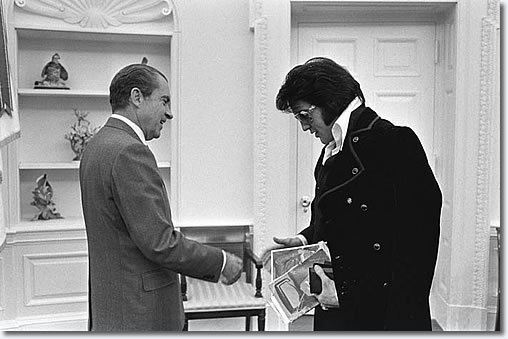 Elvis Presley meets Richard Nixon in the Oval Office, an image used in The King (2018)
