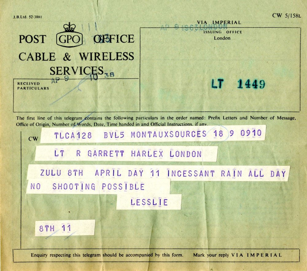 Day 11: incessant rain all day. A telegram from the production of Zulu.