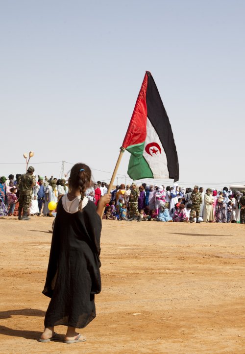 A girl waves a Sahrawi flag at FiSahara’s opening parade