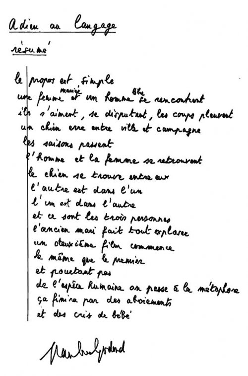 Jean-Luc Godard’s written synopsis for Goodbye to Language (Adieu au langage, 2014)