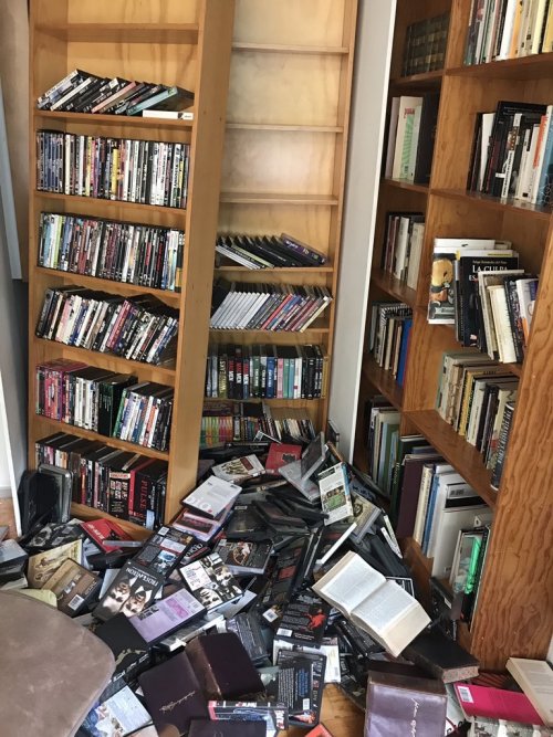 Fernanda Solórzano&#039;s bookshelves, damaged in the Mexico earthquake